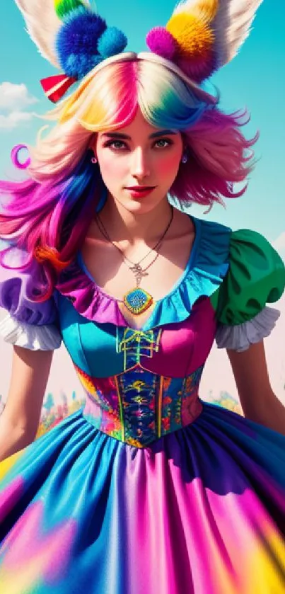 Vibrant fantasy character in colorful dress with sky blue background.