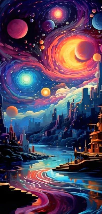 Colorful fantasy cityscape with swirling cosmic sky.