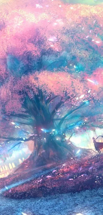 Magical tree amidst fantasy cityscape with vibrant colors.