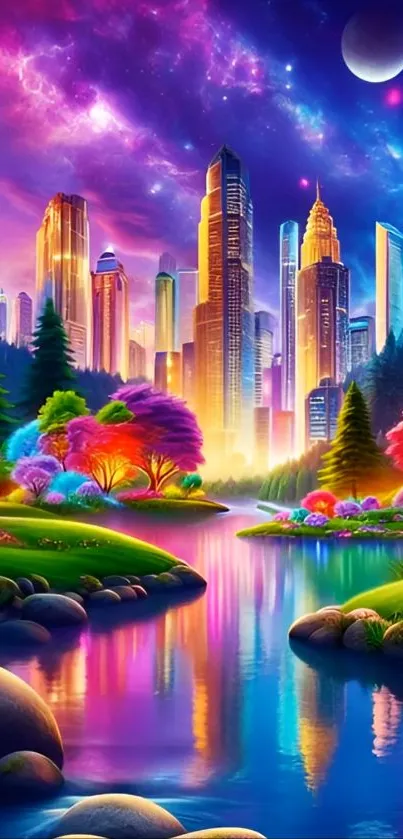Vibrant fantasy cityscape with colorful trees and starry sky.