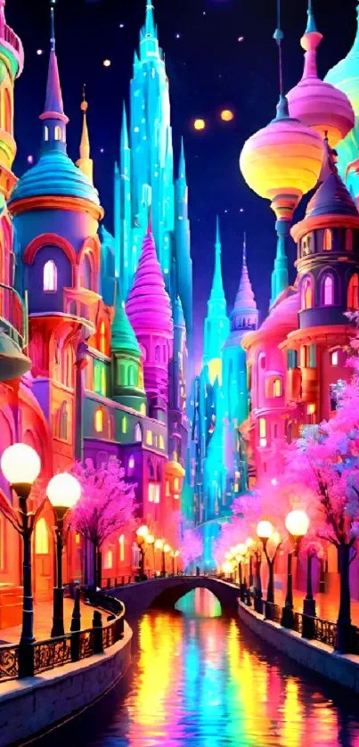 Vibrant fantasy cityscape with glowing streets.