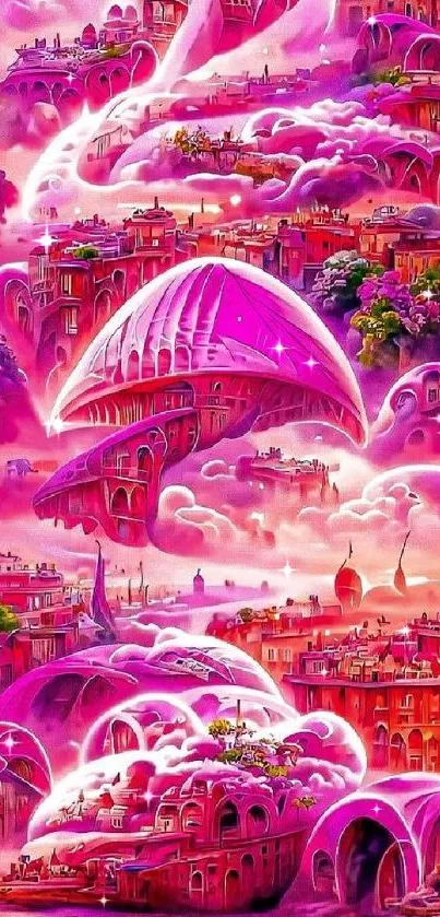 Fantasy cityscape wallpaper with pink hues and whimsical designs.