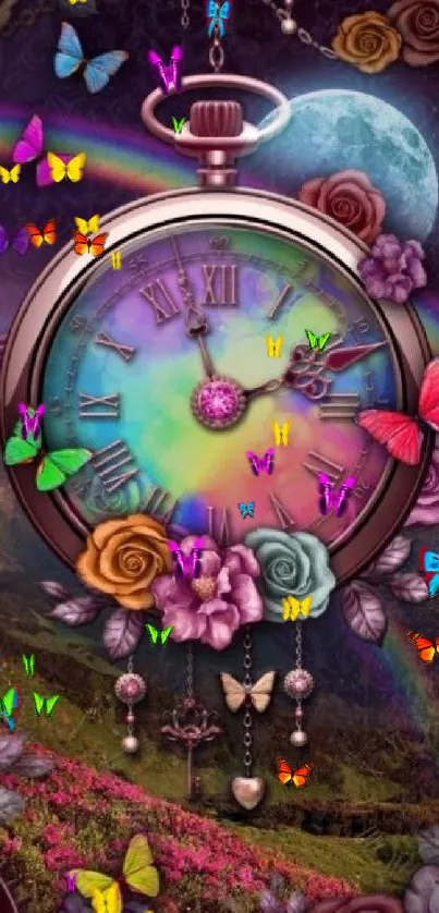 Vibrant fantasy clock with butterflies and flowers, set in a mystical landscape.