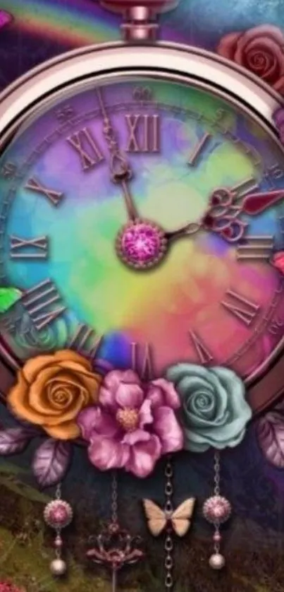 Vibrant fantasy clock with butterflies and floral accents on a mobile wallpaper.