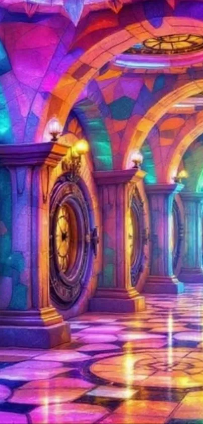 Vibrant fantasy corridor with colorful arches and lights.
