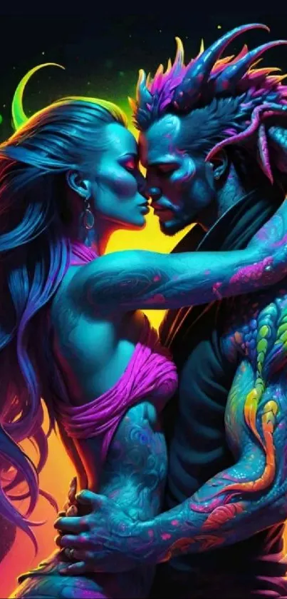 Vibrant fantasy couple embracing in neon artwork.