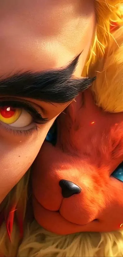 Colorful close-up of a fantasy creature with vibrant eyes and fur in vivid shades.