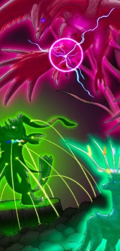 Vibrant fantasy creature battle with electric colors.