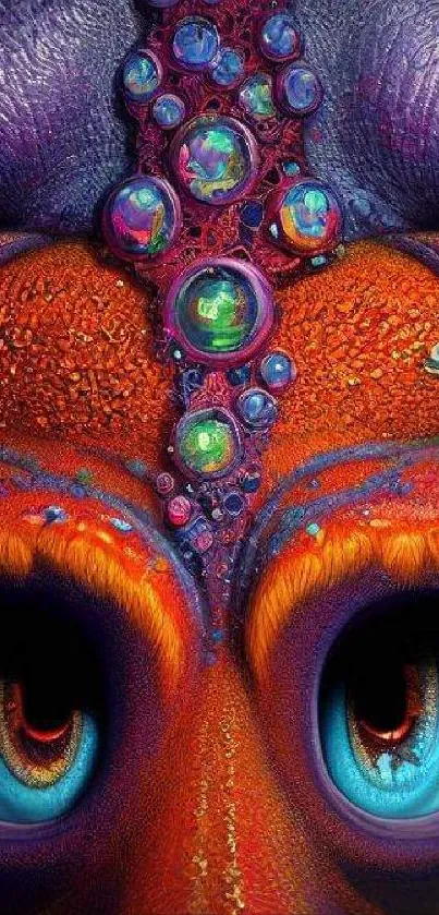 Intricate fantasy creature with vibrant eyes and colorful orbs.