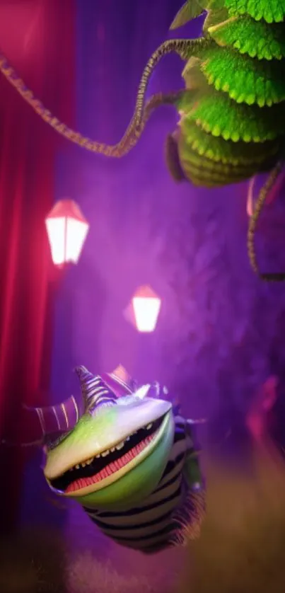 Fantasy creatures in colorful, lamp-lit wallpaper scene.