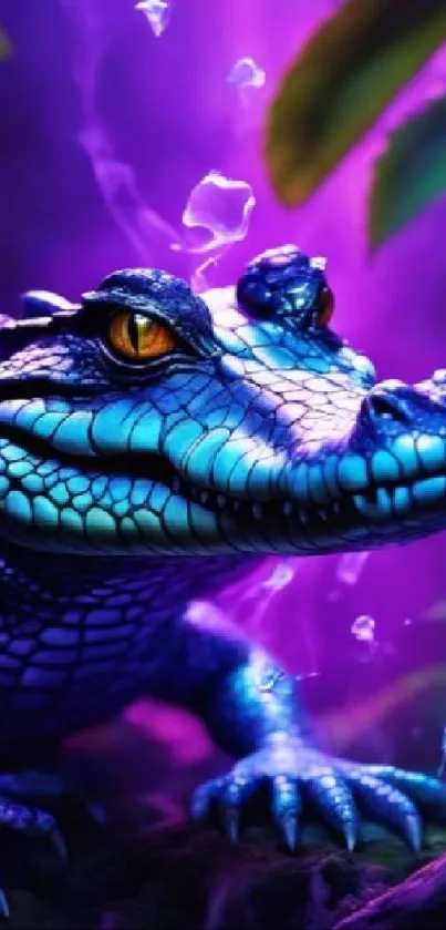 Colorful fantasy crocodile illustration with vibrant purple background.