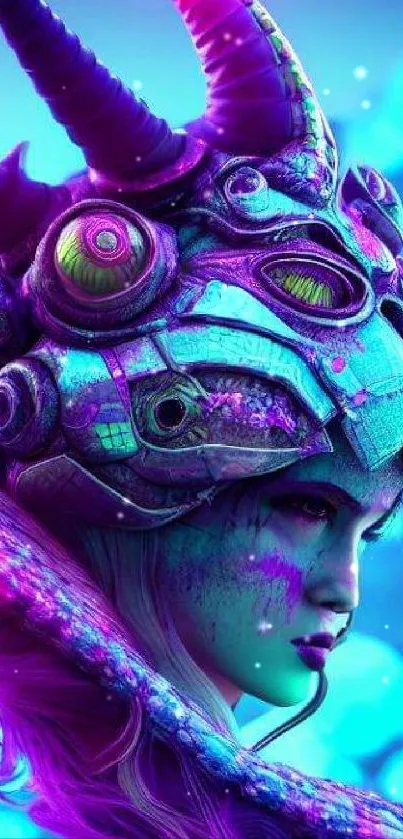 Futuristic fantasy helmet art in vibrant purple and blue.