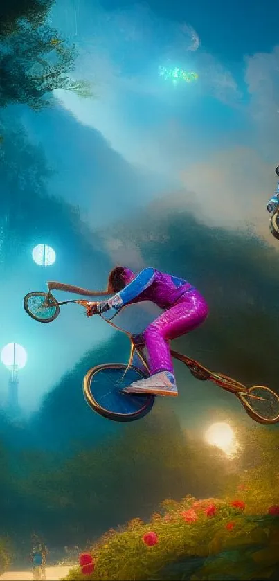 Vibrant fantasy cycling scene with colorful skies and landscapes.