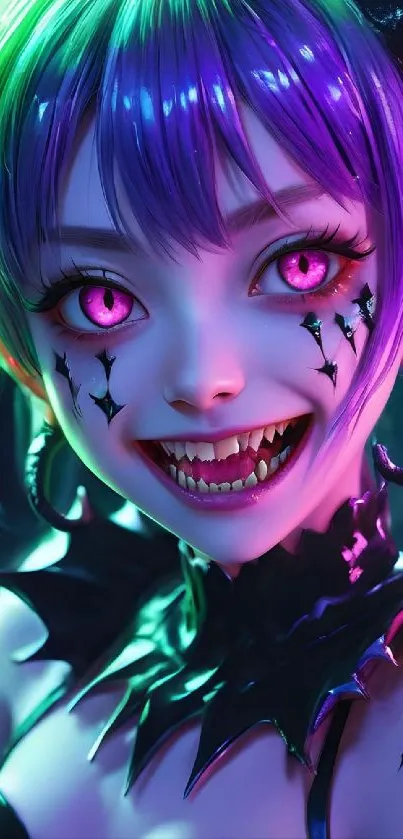 Vibrant demon character in neon colors with striking eyes and unique design.