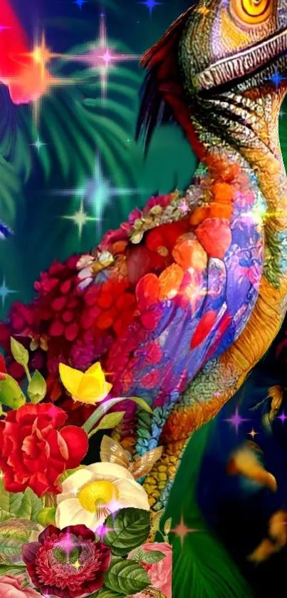 Vibrant dinosaur art with florals and stars on a colorful background.