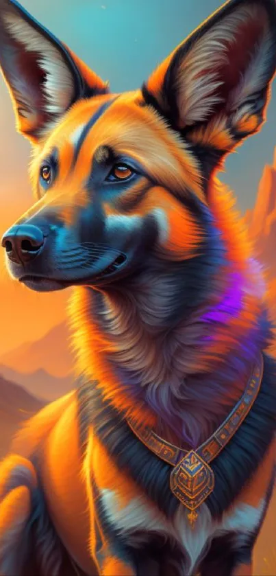 Vibrant fantasy dog portrait with mountains and sunset.