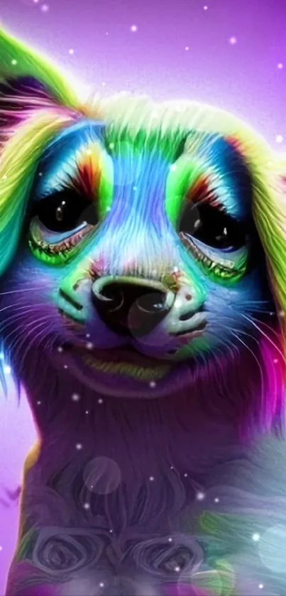 Colorful fantasy dog on a purple background wallpaper.