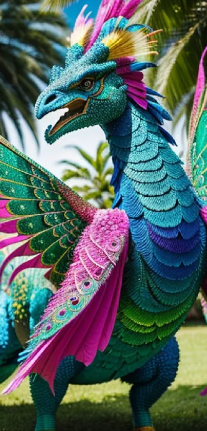 Vibrant fantasy dragon with colorful scales and wings in a tropical setting.