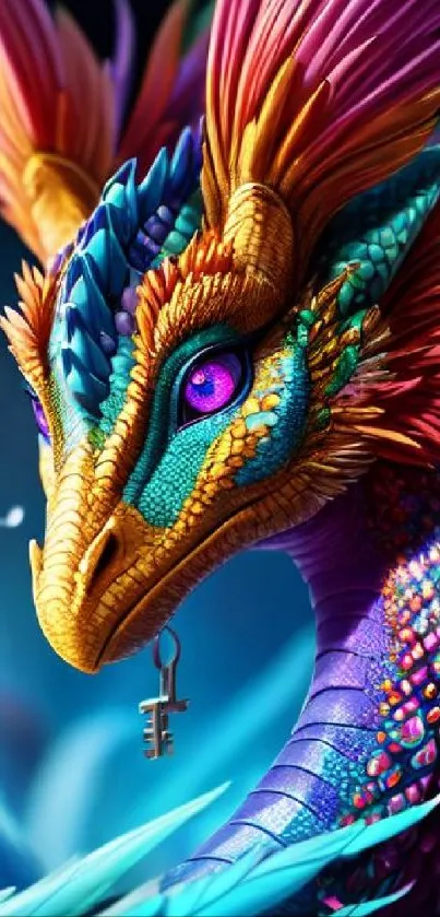 Vibrant fantasy dragon with colorful feathers and key charm.