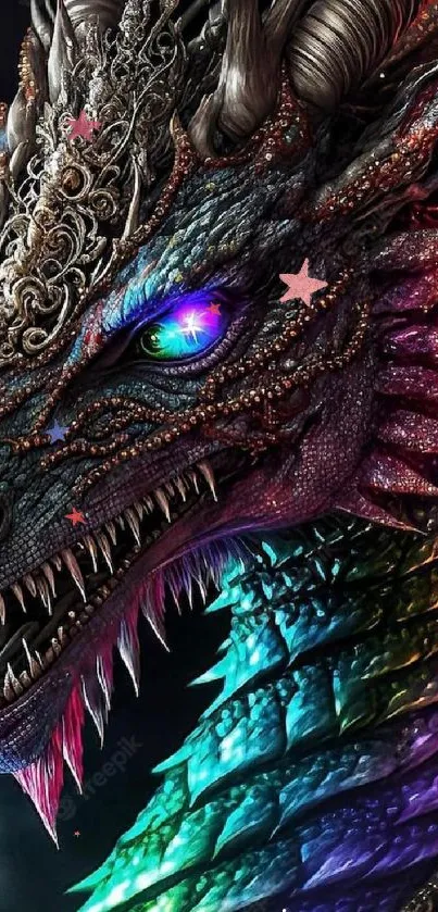 Vibrant multicolored dragon wallpaper with intricate scales and glowing eyes.