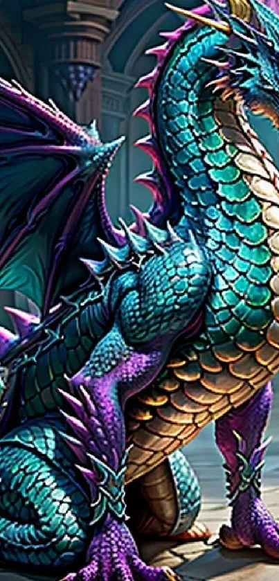 Vibrant teal dragon in a fantasy setting, showcasing detailed scales and wings.