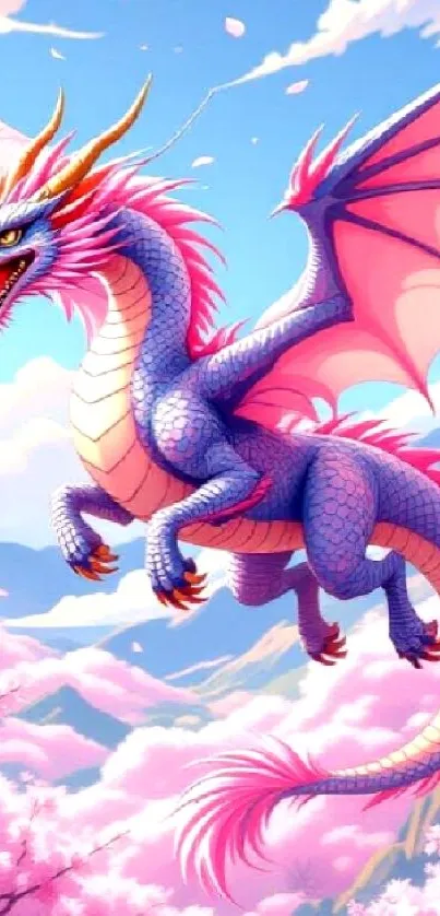 Purple dragon flying above cherry blossoms in a blue sky.