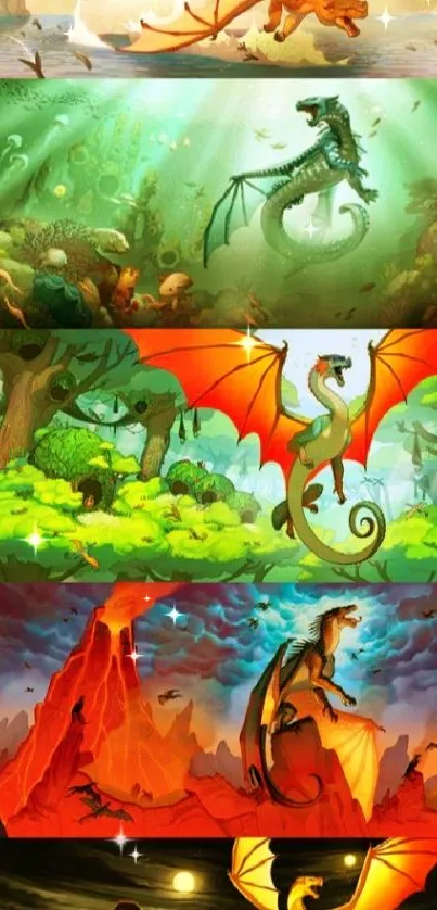 Vibrant dragon fantasy art wallpaper with diverse landscapes.