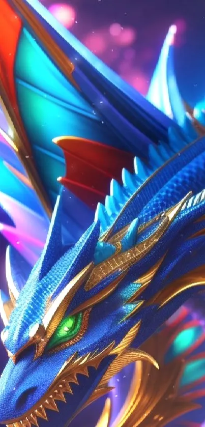 Colorful blue dragon with vibrant wings.