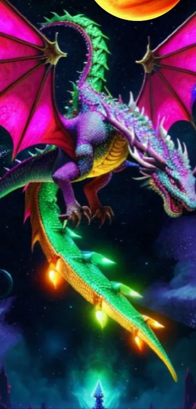 Vibrant dragon with cosmic wings flying in a starry night sky.