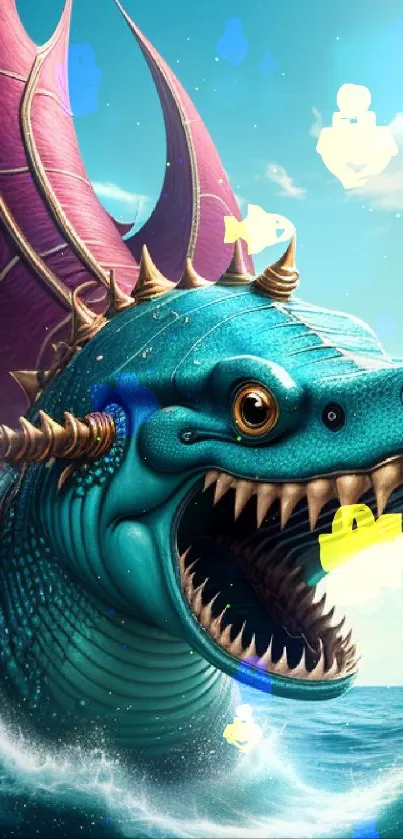 Vibrant teal dragon with fierce expression over ocean waves.