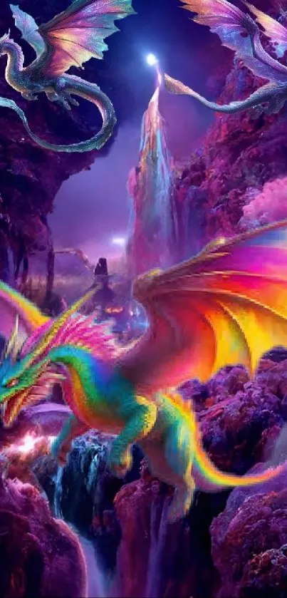 Colorful fantasy dragon in a vibrant landscape.