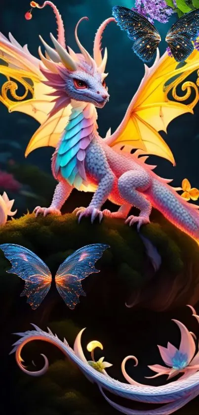 Colorful fantasy dragon with butterflies and golden wings.