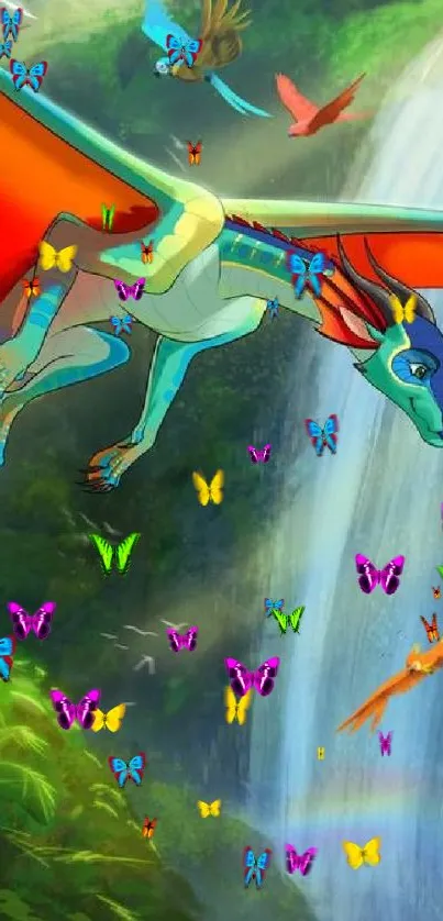 Vibrant dragon gliding over waterfall in a fantasy scene.