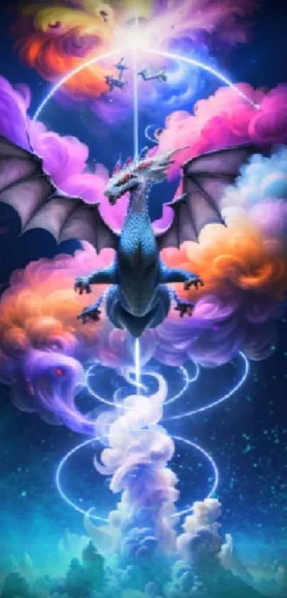 Vibrant dragon in colorful fantasy clouds.