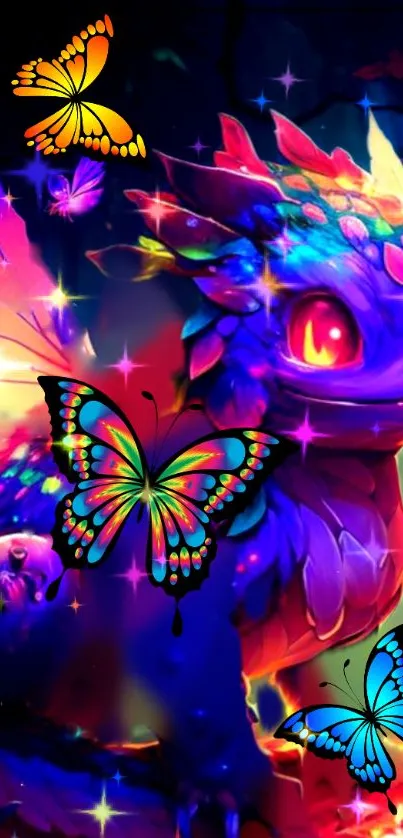 Colorful dragon and butterflies wallpaper with vibrant fantasy theme.