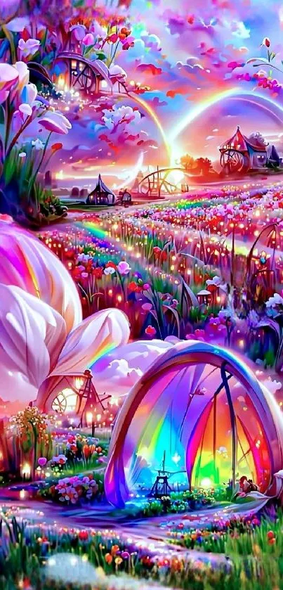 A vibrant fantasy landscape with colorful flowers and a magical rainbow.