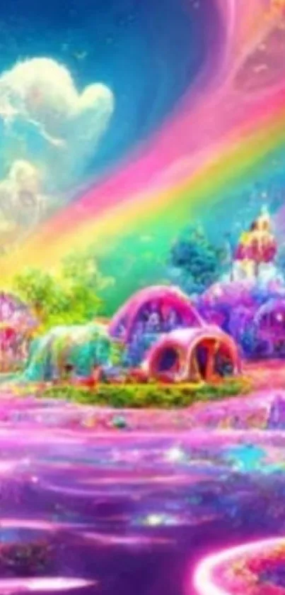 Vibrant fantasy scene with colorful village under a rainbow sky.