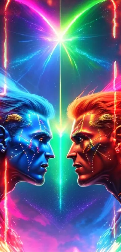 Vivid neon fantasy portrait wallpaper with bright cosmic colors.