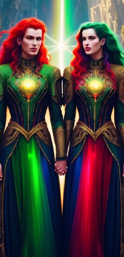 Vibrant fantasy art wallpaper featuring colorful twin figures in detailed attire.
