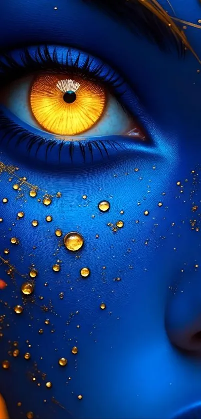 Blue face with golden eye details art.