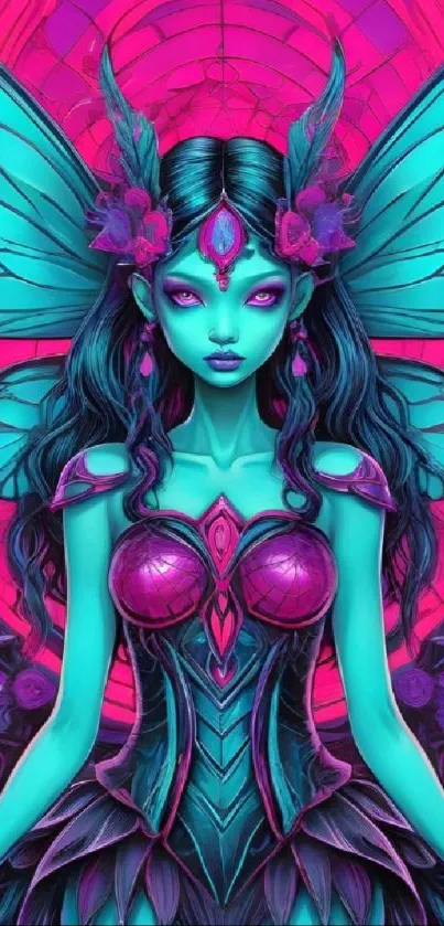 Neon blue fairy with wings in vibrant fantasy style.