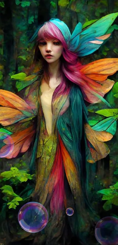 Fantasy fairy with colorful wings in a mystical forest setting.