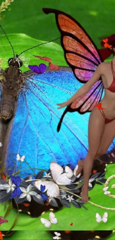 Fantasy fairy with butterfly wings in vibrant nature setting.