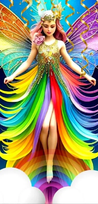 Colorful fairy with rainbow wings in a dreamy, celestial setting.