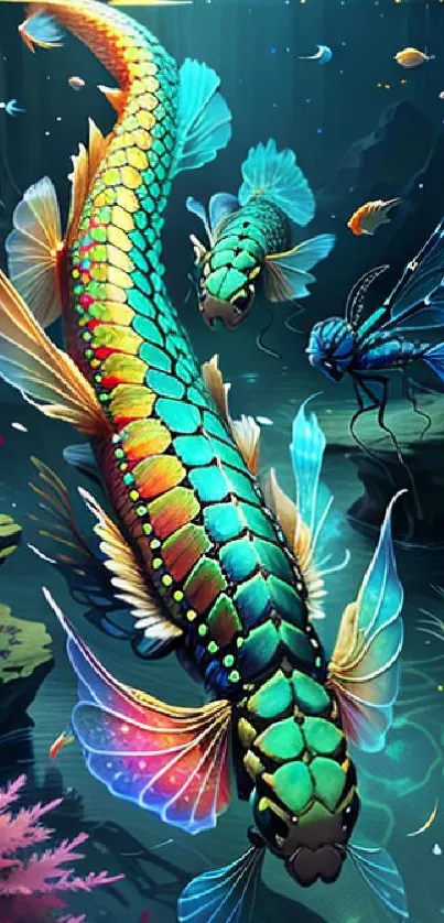 Fantasy fish swimming in vibrant aquatic setting wallpaper.