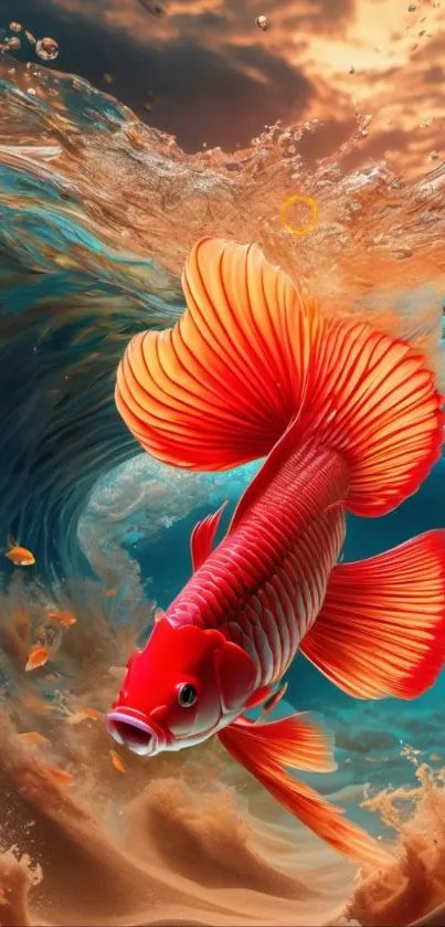 Vibrant red fish swirling in ocean waves, creating a fantasy scene.