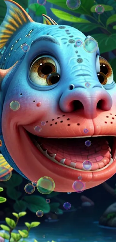 Vibrant fantasy fish with lush greenery background.