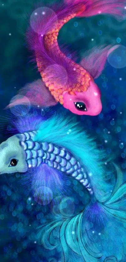 Vibrant and colorful fantasy fish swimming in an underwater scene against a blue background.