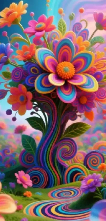 Vibrant fantasy floral art with colorful swirling patterns.