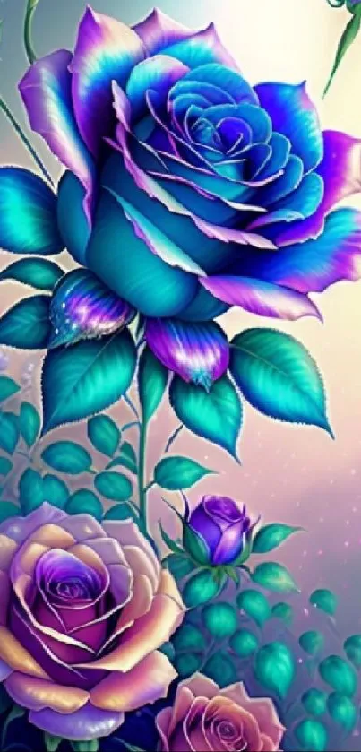 Vibrant floral wallpaper with fantasy blue and purple roses.